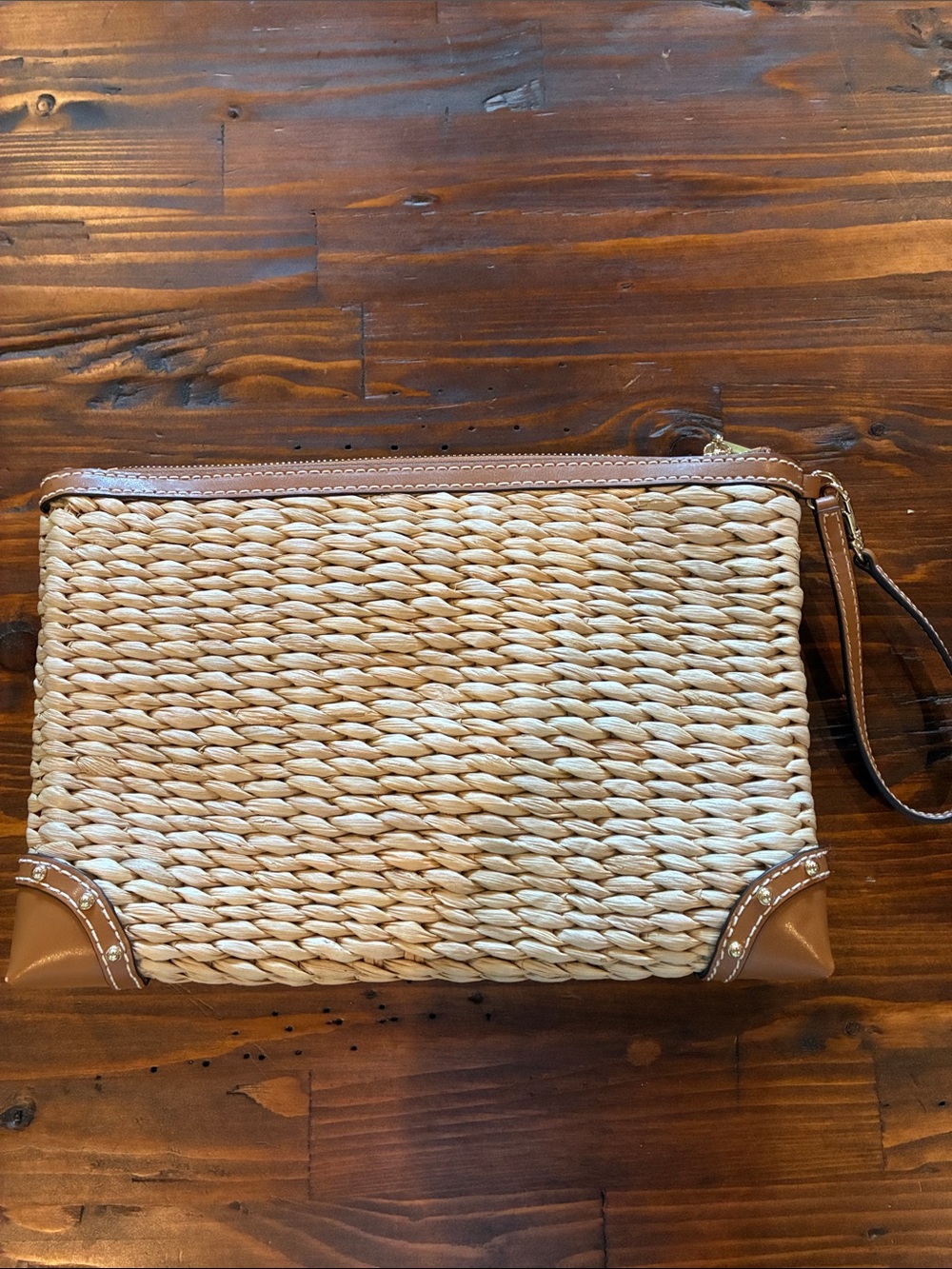 Michael Kors Tan Straw Wristlet Clutch with Green Leaf Embroidery - Picture 2 of 4